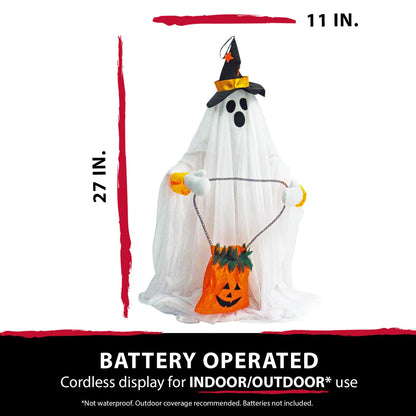 Haunted Hill Farm Friendly Ghost Halloween Animatronic with Touch Activated Lights and Music, Battery Operated Indoor or Covered Outdoor Halloween Decorations, Cute and Modern Halloween Props for Home