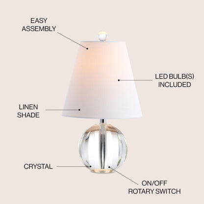 JONATHAN Y 16" Clear Crystal Ball LED Table Lamp, White Modern Bedside Lamp, with White Linen Empire Shade, Glam Orb Glass Nightstand Lamp for Living Room, LED Bulb JYL2079A