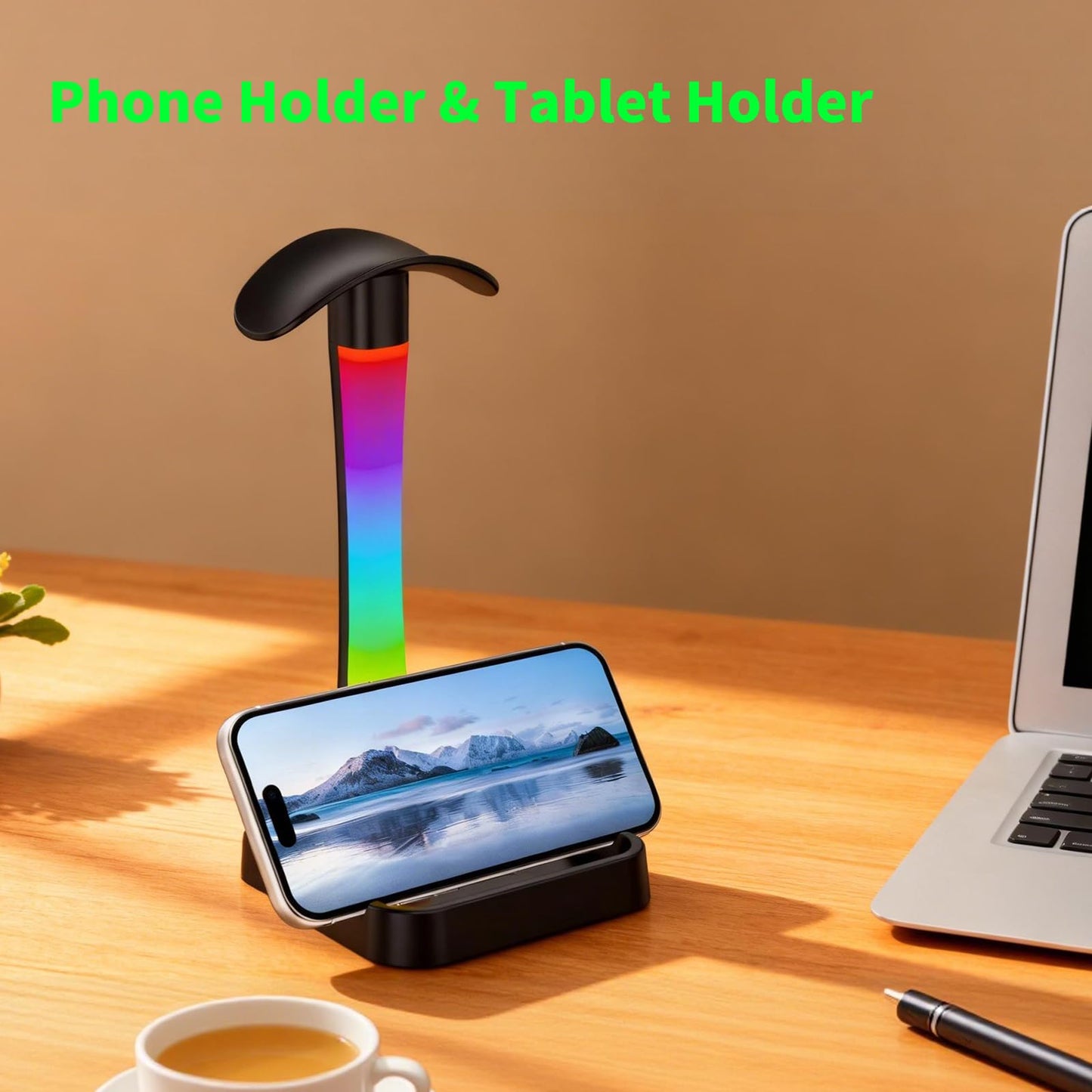 Tascaquin Headphone Stand with Charger,Gaming Headset stand with RGB Light Mode,For Airpod Max Stand,Desk Lamp,Phone Holder,Tablet Holder,desktop organizer,Gifts for Gamers & Music Lover(Black)
