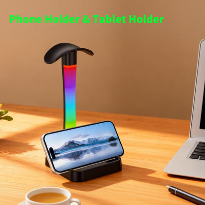 Tascaquin Headphone Stand with Charger,Gaming Headset stand with RGB Light Mode,For Airpod Max Stand,Desk Lamp,Phone Holder,Tablet Holder,desktop organizer,Gifts for Gamers & Music Lover(Black)