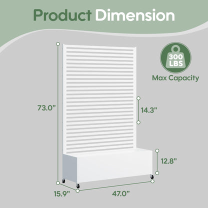 Sunnibety Metal Planter Box with Trellis Privacy Screen, Raised Garden Bed with Trellis & Wheels, Privacy Planters for Patio, Planter Box with Drainage Holes for Climbing Plants, 73"x 47"x 16", White