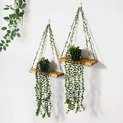 Mokof 2 Pack Wooden Hanging Shelves with Artificial Eucalyptus Plants Wall Decor for Living Room, Bedroom, Bathroom - Fake Hanging Plant and Wood Wall Shelf Set for Boho Farmhouse Home Decor
