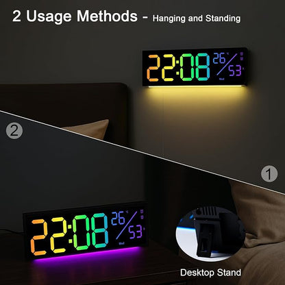 JoFomp 12" RGB Color LED Digital Wall Clock with Remote Control, Seconds Display, Plug-in Digital Alarm Clock with Auto Brightness, DST, Temp, Digital Clock for Living Room, Bedroom, Classroom, Office