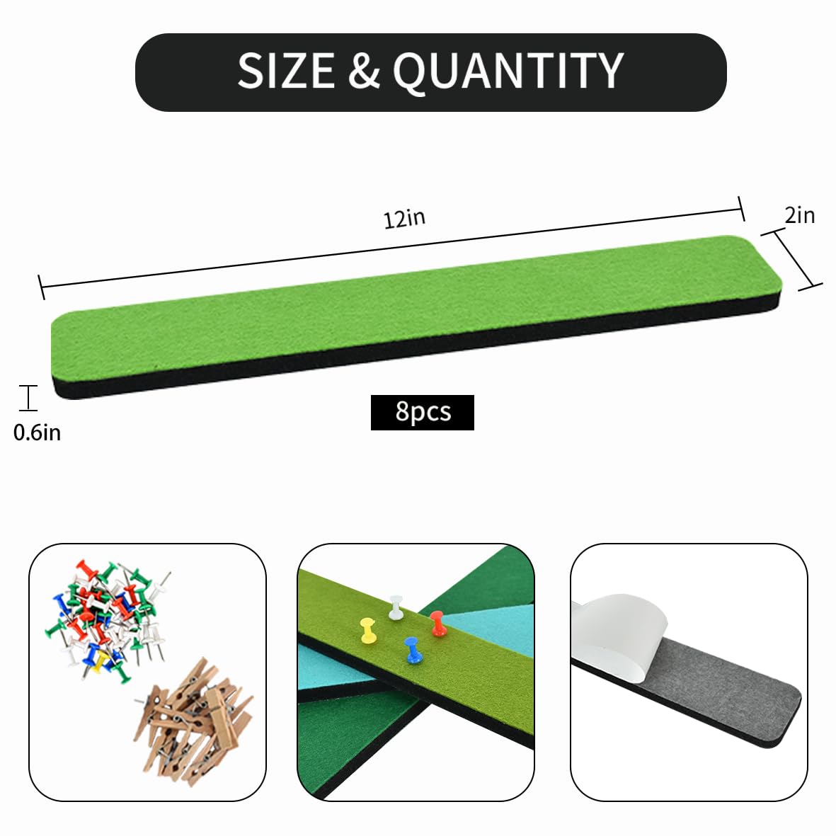 Vuzvuv 8 pcs Bulletin Board Bar Strips with 50 Pushpins & 10 Wooden Clip pins，Self Adhesive Cork Board for Wall，Felt Pin Board for School，Office Decor(Multi-Green)