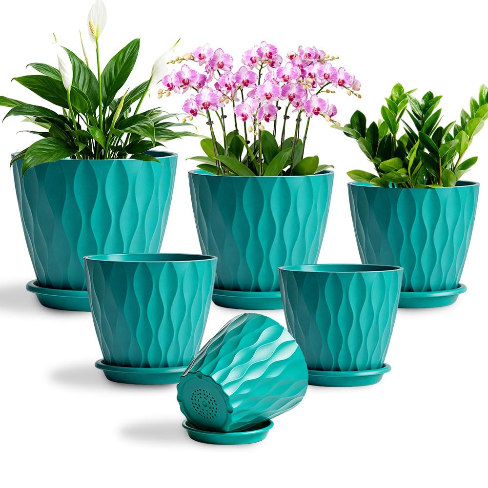 KEETUMOOD Plant Pots, Self Watering Planters with Drainage Holes and Trays, Flower Pots for Indoor Outdoor - 6 Pack(4/5/6/6.5/7/8 Inch) (Dark Green)