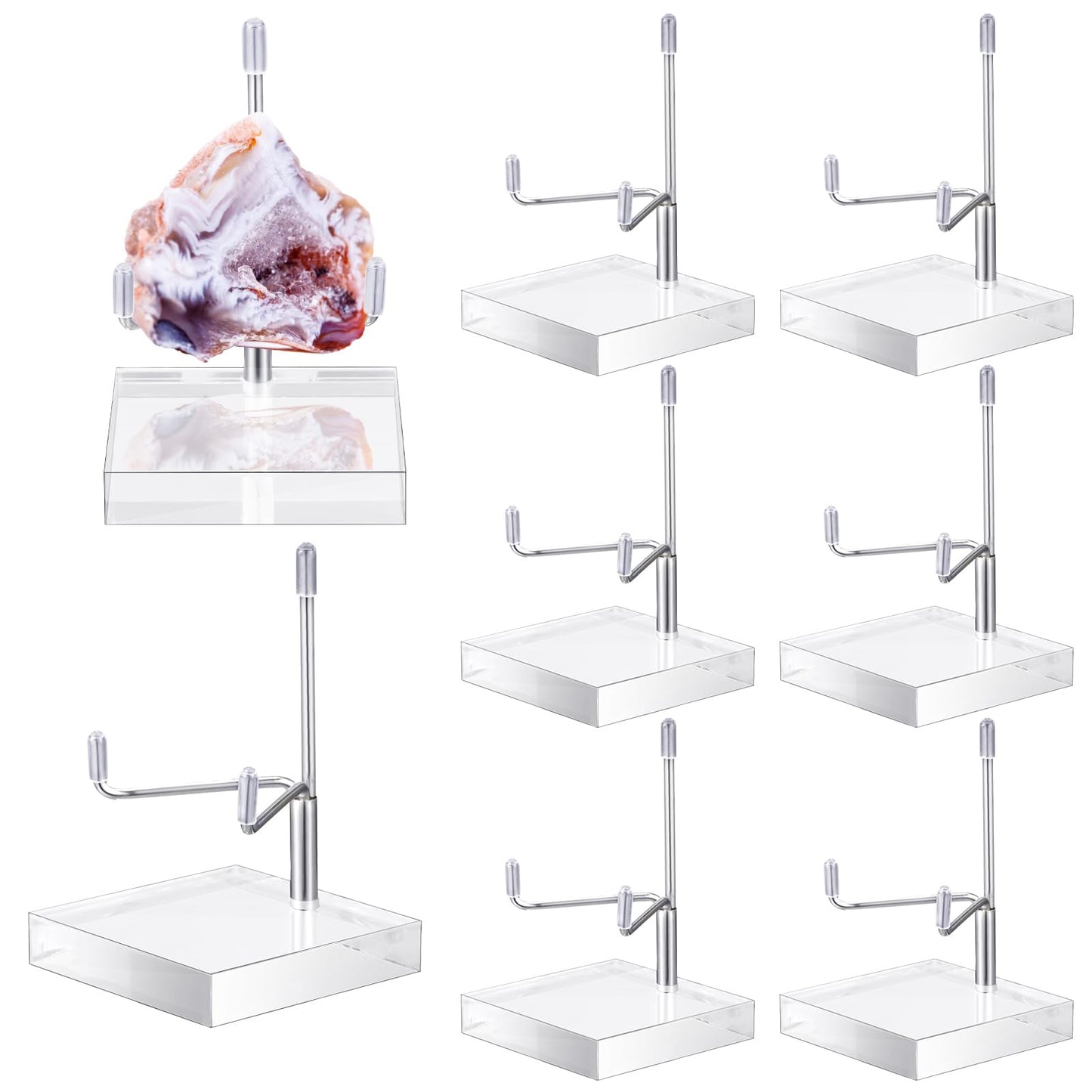 Kigley 8 Pcs Adjustable Metal Arm Display Stand Crystal Holder Easel Display with Acrylic Base Easel Rock Mineral Stand for Geodes Mineral Agate Collection(Silver,3.15 x 3.15 x 4.92 Inches)