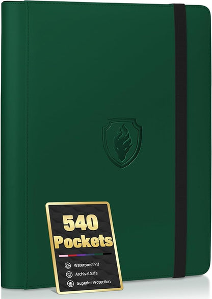 Premium 9 Pocket Card Binder for 540 Cards, Fabmaker PU Cover Trading Card Binder, Sturdy Card Collection Album, Sleek Card Holder Folders for Game Cards & Sports Cards, Dark Green