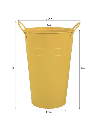 DAHO 4 Pack 9 Inch Tall Metal Planters with Handles, Flower Vases, Farmhouse Rustic Buckets for Home Decor, Garden, Patio, Party, Wedding Decorations, Farmhouse (Yellow, 9.06")