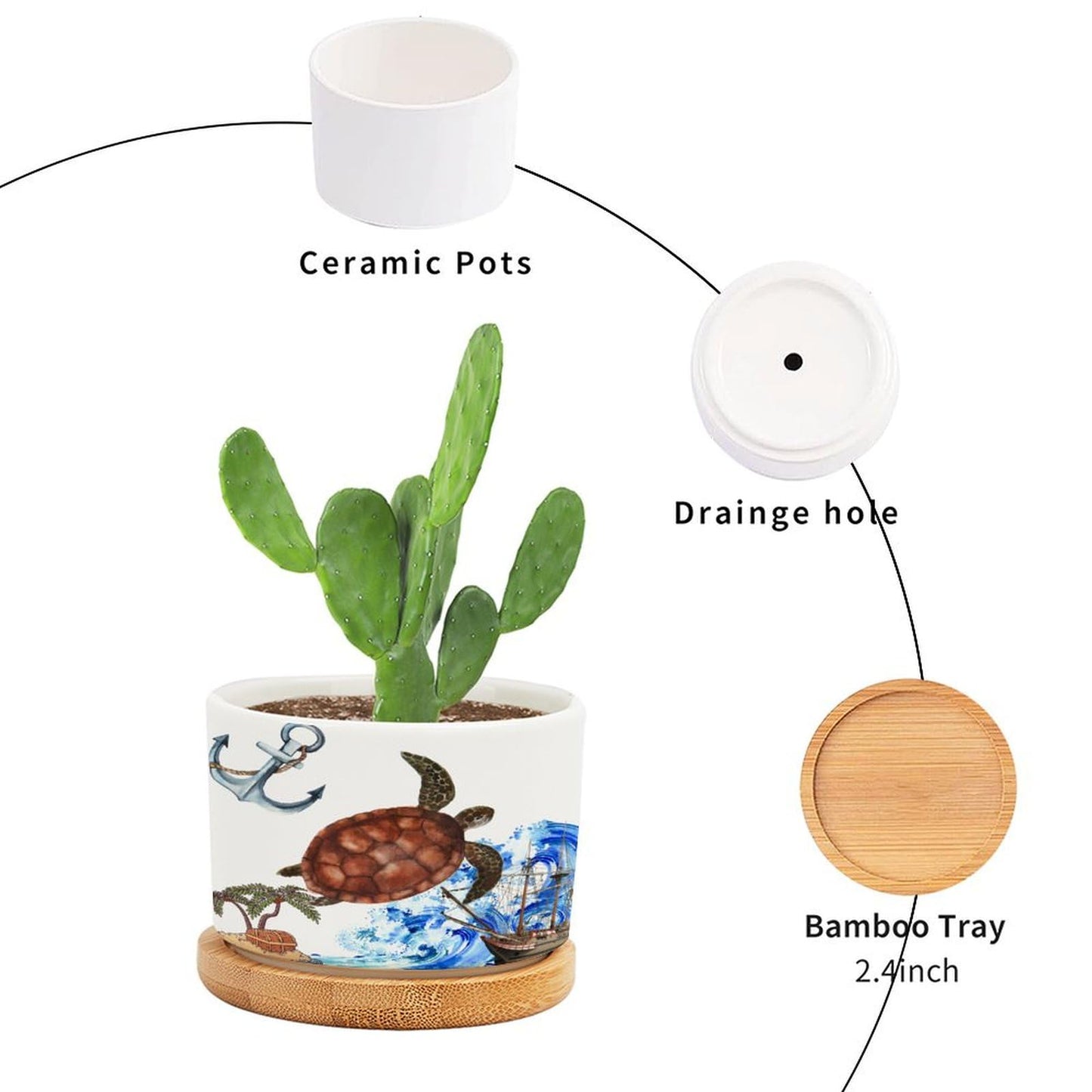 DreamAutumn Ocean Theme Sea Turtle Ceramic Pots for Plants with Drainage Holes Round Flower Pot Bamboo Tray Orchid Pot Succulents Pots for Outdoor Indoor Plants,Housewarming Gifts