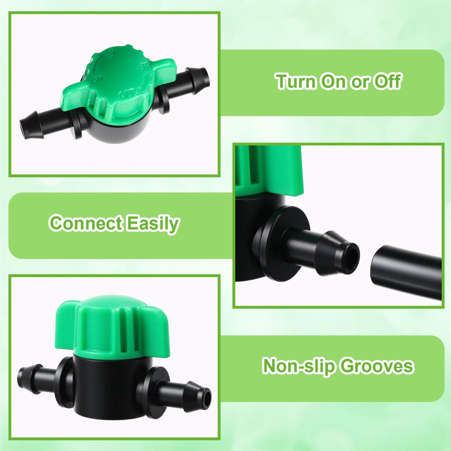 Innconee 50 Pcs 1/4 Inch Barbed Shut off Valve Drip Irrigation Tubing Coupling Valve Universal Drip Irrigation for 1/4" Tubing Greenhouses Flowers Beds Lawns Farmland(Green,Barbed Shut off Valve)
