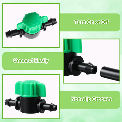 Innconee 50 Pcs 1/4 Inch Barbed Shut off Valve Drip Irrigation Tubing Coupling Valve Universal Drip Irrigation for 1/4" Tubing Greenhouses Flowers Beds Lawns Farmland(Green,Barbed Shut off Valve)