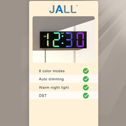 JALL Digital Wall Clock Large Display with Big LED Numbers, Remote Control, 8 RGB Colors, Auto DST, Night Light for Classroom Living Room Bedroom Birthday Gift for Senior, Men Women (Black)