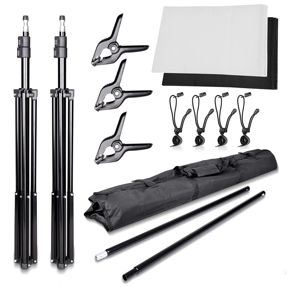 SLOW DOLPHIN Photo Background Support System with Backdrop Stand Kit, 100% Pure Muslin 6.5 Ft x 10 Ft (White/Black) Backdrop,Clamp, Carry Bag for Photography Video Studio
