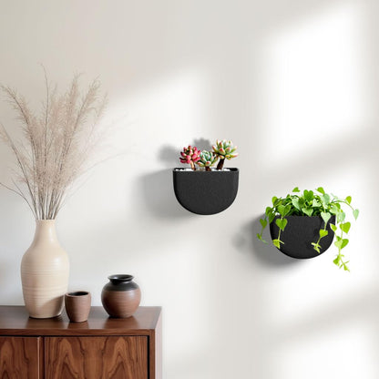 Asnext 2 Pack Wall Hanging Planter Pots for Indoor and Outdoor Plants, 7 Inch Half-Moon-Shaped Plastic Wall Planter, Wall Mounted Succulent Planters (Black)