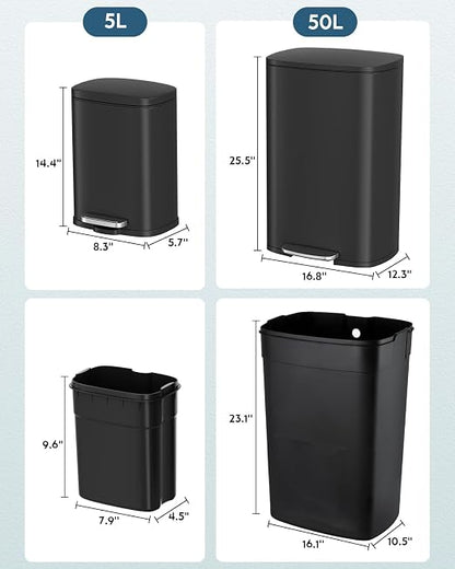 Arlopu 13.2+1.3 Gallon Step Trash Can, Stainless Steel Garbage Bin, Soft-Close Rubbish Bin with Removable Plastic Inner Bucket, Fingerprint-Proof, Lid Dustbin, for Kitchen Home (Black)