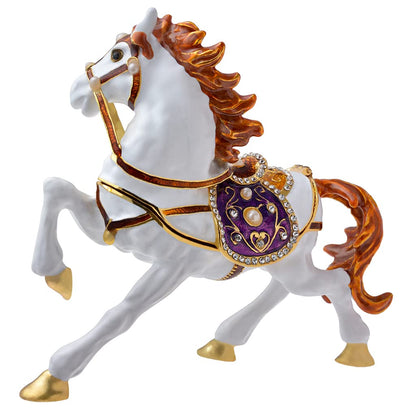 FJ FENGZHIJIE Golden Crystal Enameled Horse Jewelry Box, Hand-Painted Hinged White Horse Trinket Box, Elegant Home Décor & Unique Gift for Equestrians