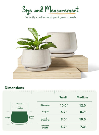LE TAUCI Ceramic Plant Pots, Set of 2, 10 + 12 Inch Plant Pot, Elegant Planters for Indoor Plants, Sturdy Planter with Drainage Hole and Saucers, Perfect for Home Decor, Reactive Glaze Beige
