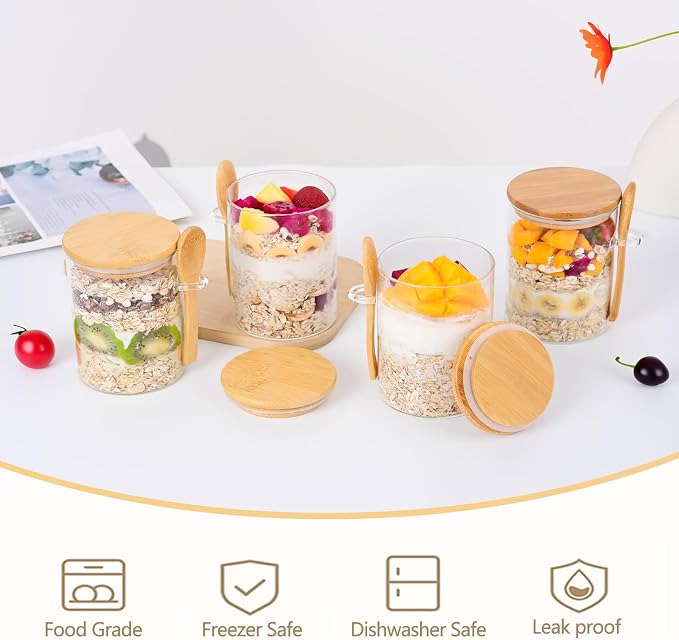 Overnight Oats Containers with Lids and Spoon [Thickened Version], Glass Jars with Bamboo Lids, 4 Pack 18 ozOatmeal and Salad Meal Prep Containers,Chia Seed Pudding Jars