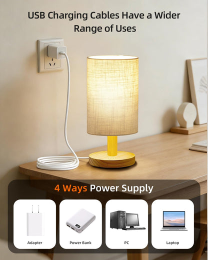 pickrelax Small Touch Table Lamp for Bedroom, Bedside Lamp for Warm Light LED Desk Lamp, Wood Base Round Flaxen Fabric Shade for Kids Room, Living Room, College Dorm, Home, Office