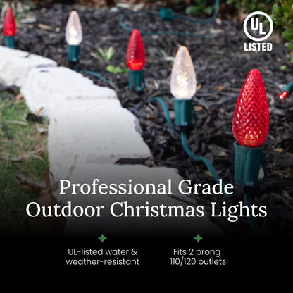 Christmas Designers Pro Christmas C9 Light Cord, 100 ft, 66 Bulb Sockets, 18” Spacing, Green Wire, 2 Sets of Plugs Included