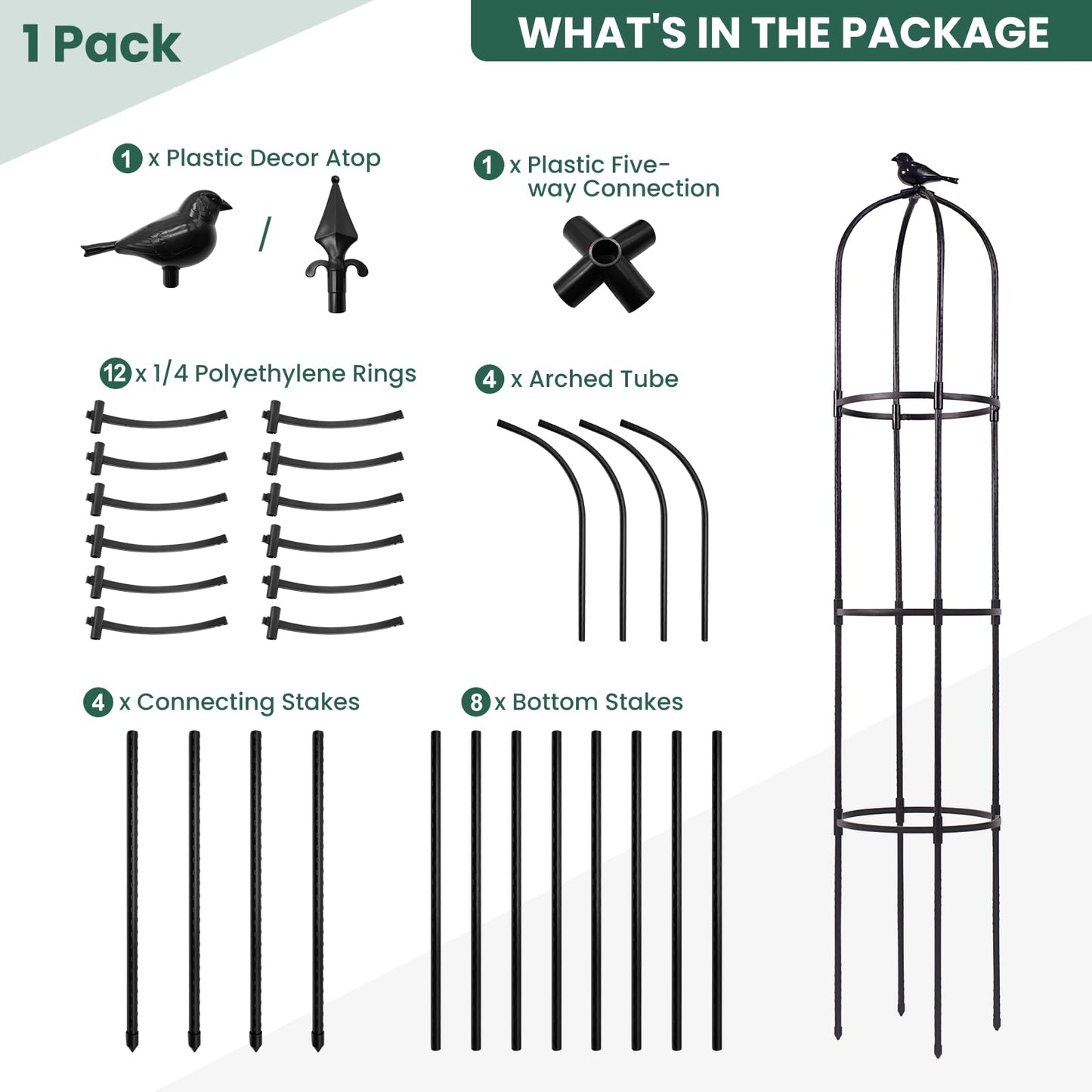 FOLLOOK Garden Obelisk Trellis for Climbing Plants Outdoor, Lightweight Climbing Plant Support Flower Roses Clematis Vegetable Light Vines Round Trellis for Raised Garden Bed Planter, Black, 2 Pack