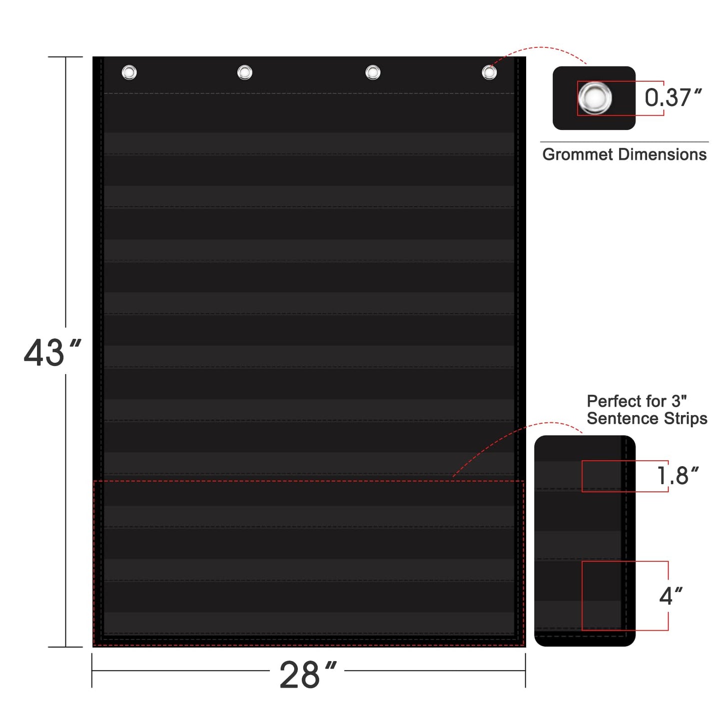 AUVCAS Standard Pocket Chart for Classroom & Homeschool, Heavy Duty Hanging 10-Pocket Chart for Word Wall/Letter Cards/Sentence Strips, Teacher Supplies, 43" H x 28" W, Black