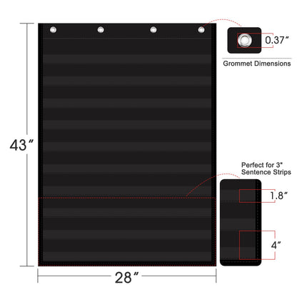 AUVCAS Standard Pocket Chart for Classroom & Homeschool, Heavy Duty Hanging 10-Pocket Chart for Word Wall/Letter Cards/Sentence Strips, Teacher Supplies, 43" H x 28" W, Black