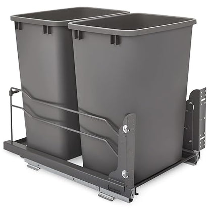 Rev-A-Shelf Double 35 Qt Pullout Trash Cans with Soft-Close for Under Kitchen Cabinets, Min Opening Width of 14.5", Orion Gray, 53WC-1835SCDM-213