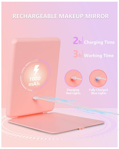 Travel Mirror with Lights Makeup Mirror Touch Screen 3 Colors Light 72 LEDs Rechargeable, 1000mHA 7.9x5.3-Inch Desk Compact Mirror White