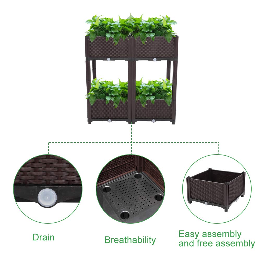 Guangshuohui Planter Raised Beds Kits,Garden Bed with Self Watering Planter Box and Drainage Plug,for Flowers Vegetables and Garden Patio Balcony Restaurant, Easy Assembly (Set of 4,Brown)