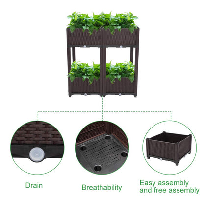 Guangshuohui Planter Raised Beds Kits,Garden Bed with Self Watering Planter Box and Drainage Plug,for Flowers Vegetables and Garden Patio Balcony Restaurant, Easy Assembly (Set of 4,Brown)