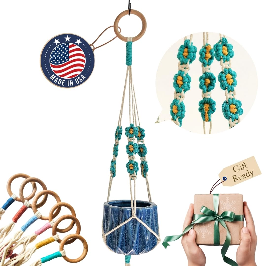 Macrame plant hanger with Daisies | Hanging plant holder | Macrame Plant hangers outdoor and indoor hanging planters Plant stand indoor Boho Decor hanging planter stand / plant shelf (Ocean Teal)