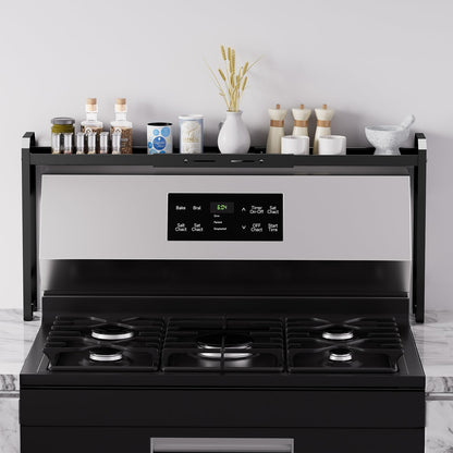Kitchen Spice Rack Over The Stove, Shelf for Back of Stove, Stove Top Shelf for Seasoning Organizer, Over Oven Shelf, Countertop, Expandable Length 27.3''-32.6'', 4 Adjustable Height (Black, Normal)