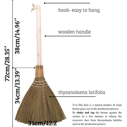 Handmade Vietnamese Straw Broom, Single Handle – Free Halloween Decoration Set, Witch Broom for Costume, Haunted House & Indoor Decor, Soft Grass Whisk Broom for Sweeping or Display