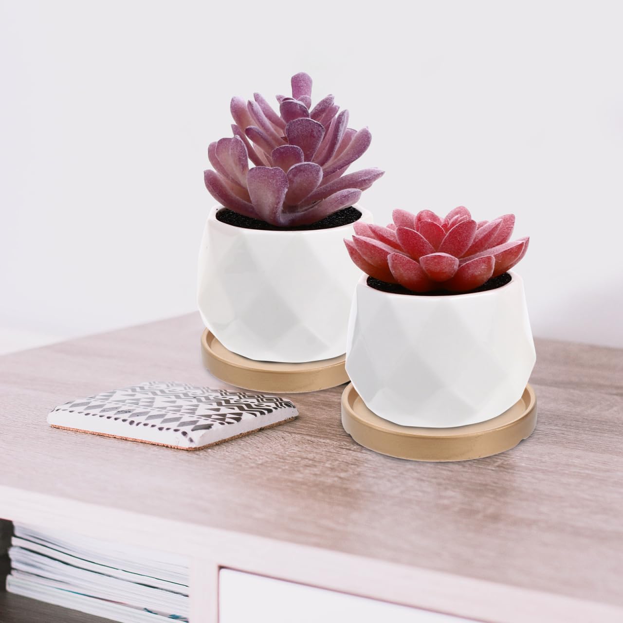 2PCS Ceramic Plant Saucer 5 Inch Round Succulent Pot Trays Elegant Golden Planter Drip Trays Flower Pot Saucers for Indoor Plant Office Home Decor