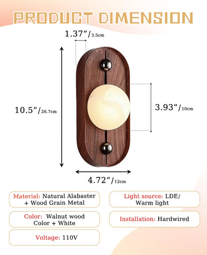 ALABABATA Natural Marble Wall Sconce, 10.5" High Alabaster Wall Sconces with White Stone Lampshade and Wood Grain Metal Base, Mid Century Modern Wall Lights Fixture for Bedroom Living Room Hallway