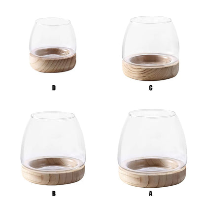 Glass Vase with Wooden Support Base, 1pcs Clear Glass Bubble Vase, Hydroponic Plant Terrarium Aquarium Goldfish Bowl for Home Office Centerpieces Flower Arrangement Decor (A 30 × 24 × 24 cm)
