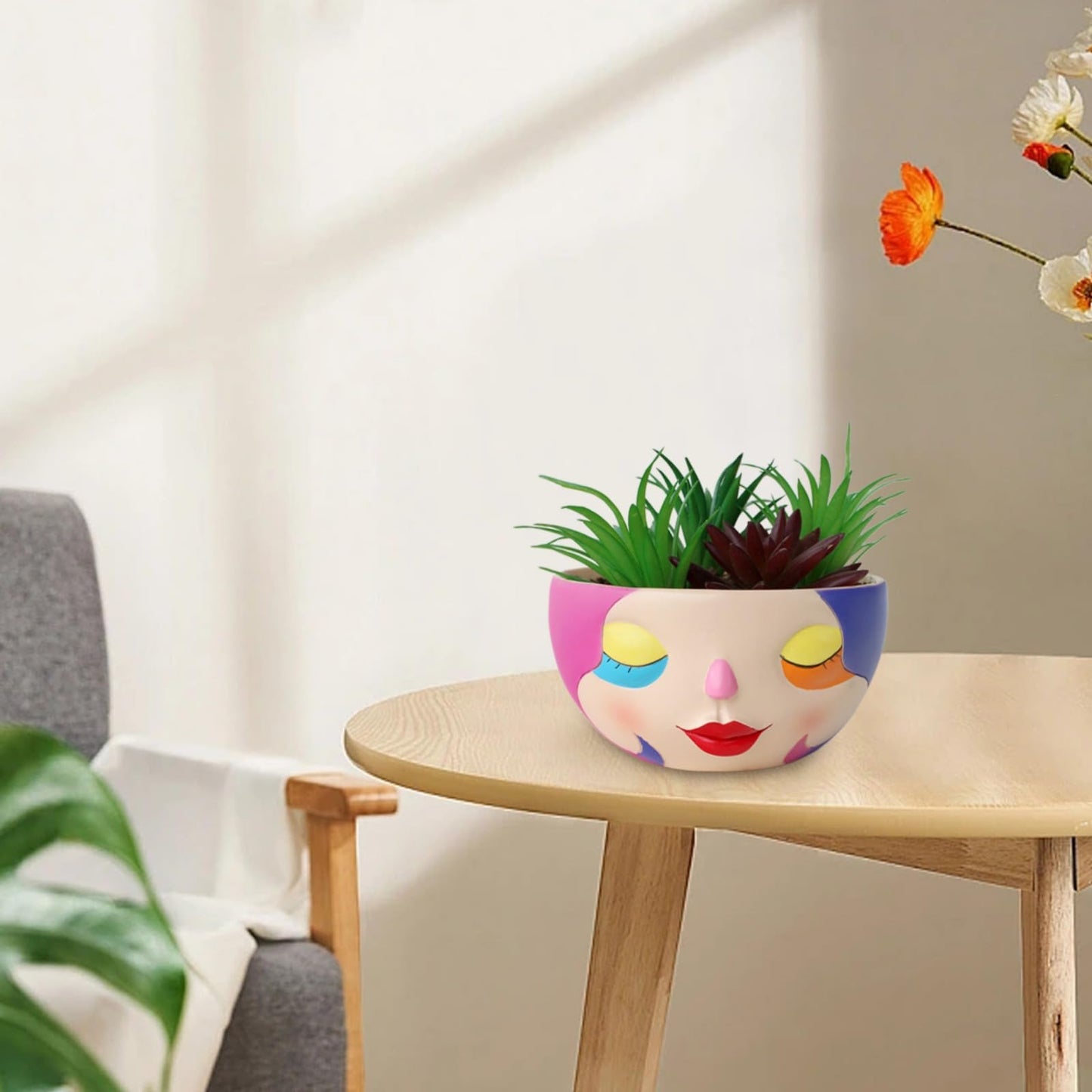 BJVF Unique Face Flower Pot Head Planter - Abstract Colorful Resin Cute Girl Statue Planter with Closed Eyes for Indoor & Outdoor Plants