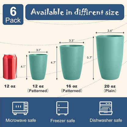 Wheat Straw Plastic Cups Set 6 PCS, 12 OZ Unbreakable Reusable Plastic Cups, Dishwasher Safe Kids Drinking Cups for Indoor and Outdoor Use, Green