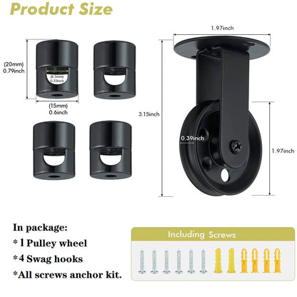 Pulley Wheel for Plug in Pendant Light, Wall Ceiling Mount Pulley for Hanging Lamp, 1 Pack Pulley Wheel and 4 Pack Swag Hooks for Hanging Electric Wire Cable Cord Chandelier Plant Grow Lights (Black)