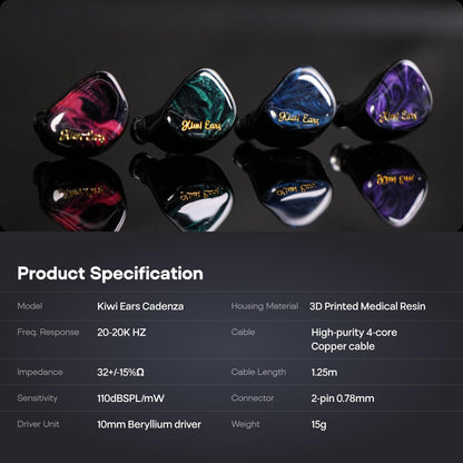 Linsoul Kiwi Ears Cadenza 10mm Beryllium Dynamic Driver IEM 3D Printed with Detachable Interchangeable Plug 0.78 2pin 3.5mm IEM Cable for Musician Audiophile (Purple)