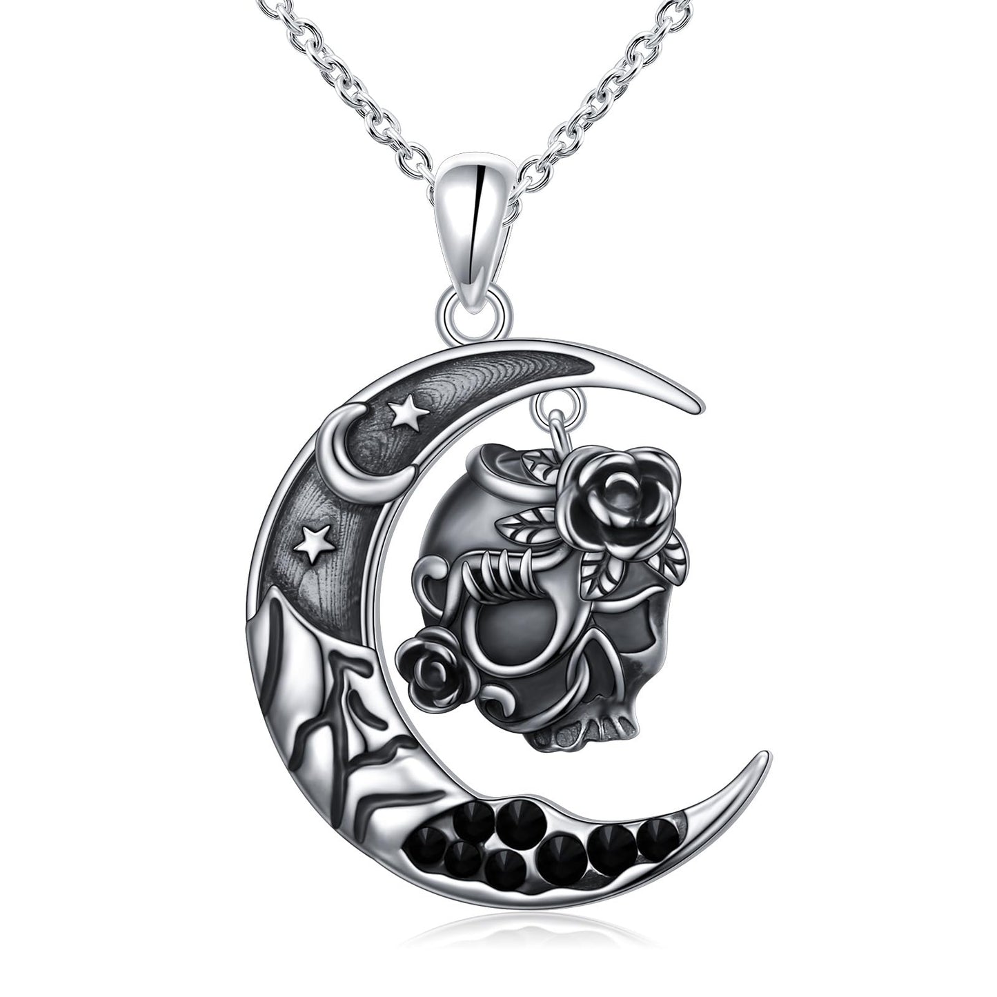 DAOCHONG Halloween Skull Necklace 925 Sterling Silver Retro Gothic Skull Style Cocktail Party Pendant Necklace Halloween Birthday Christmas Skeleton Jewelry Gifts for Women