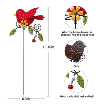 WKHOMEDECO 4 Pack Decorative Garden Stakes - 14.2" Metal Flowers for Outside & Metal Yard Art Outdoor and Garden, Rust-Resistant Shaking-Head Bird Lawn Ornaments for Patio - Gift for Gardeners