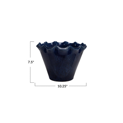 Creative Co-Op Large Stoneware Planter with Ruffled Edge and Drainage Hole with Reactive Glaze, Blue