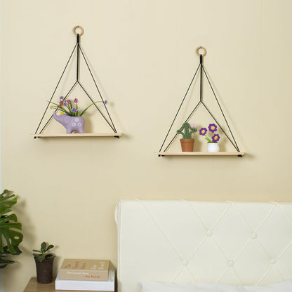 HVEST Macrame Wall Hanging Shelf Set of 2, Black Geometric Macrame Wall Art Wooden Floating Hanging Shelf Black Woven Decor Plant Hanger Handmade Woven Tapestry for Bedroom Living Room Home Decor