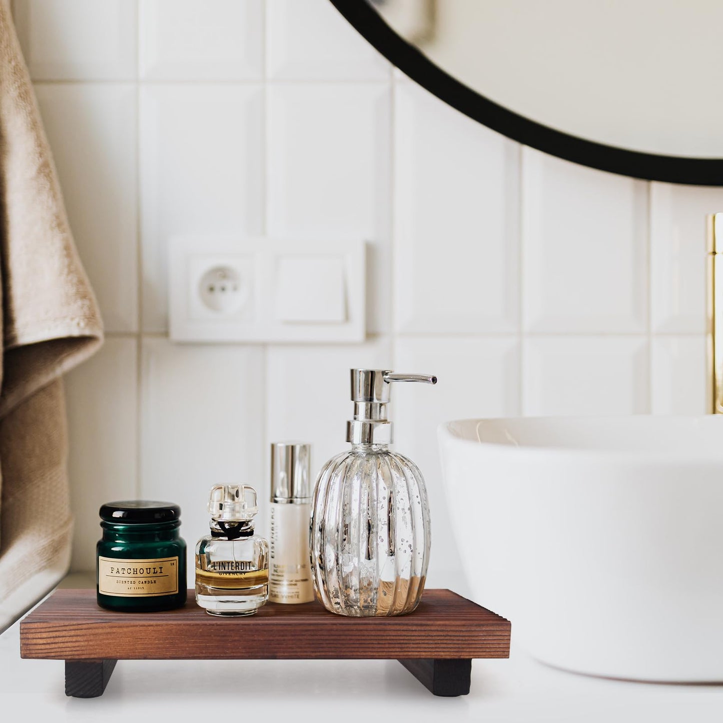 Farmhouse Bathroom Tray Organizer Wooden Riser Stand Wood Trays for Kitchen Counter Decor Pedestal Dish Soap Dispenser Holder Kitchen Sink Tray Modern Bathroom Vanity Accessories Decorative Trays
