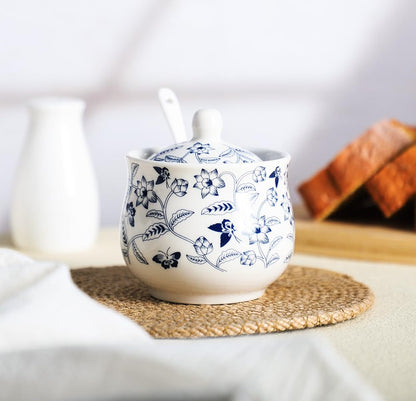 Ceramic Sugar Bowl Blue and White Flower Jar Salt Pepper Storage Jar