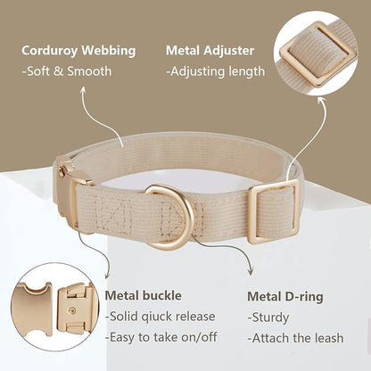 Soft Corduroy Dog Collar and Leash Set Adjustable Durable Wedding Dog Collars with Metal Buckle and Lead for Small Dogs,Beige