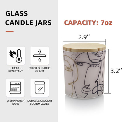 SHMILMH Frosted Glass Candle Jars for Making Candles with Wooden Lids, Thick Empty Candle Jars with Colored Abstract Human Faces in Bulk 6PCS 7OZ