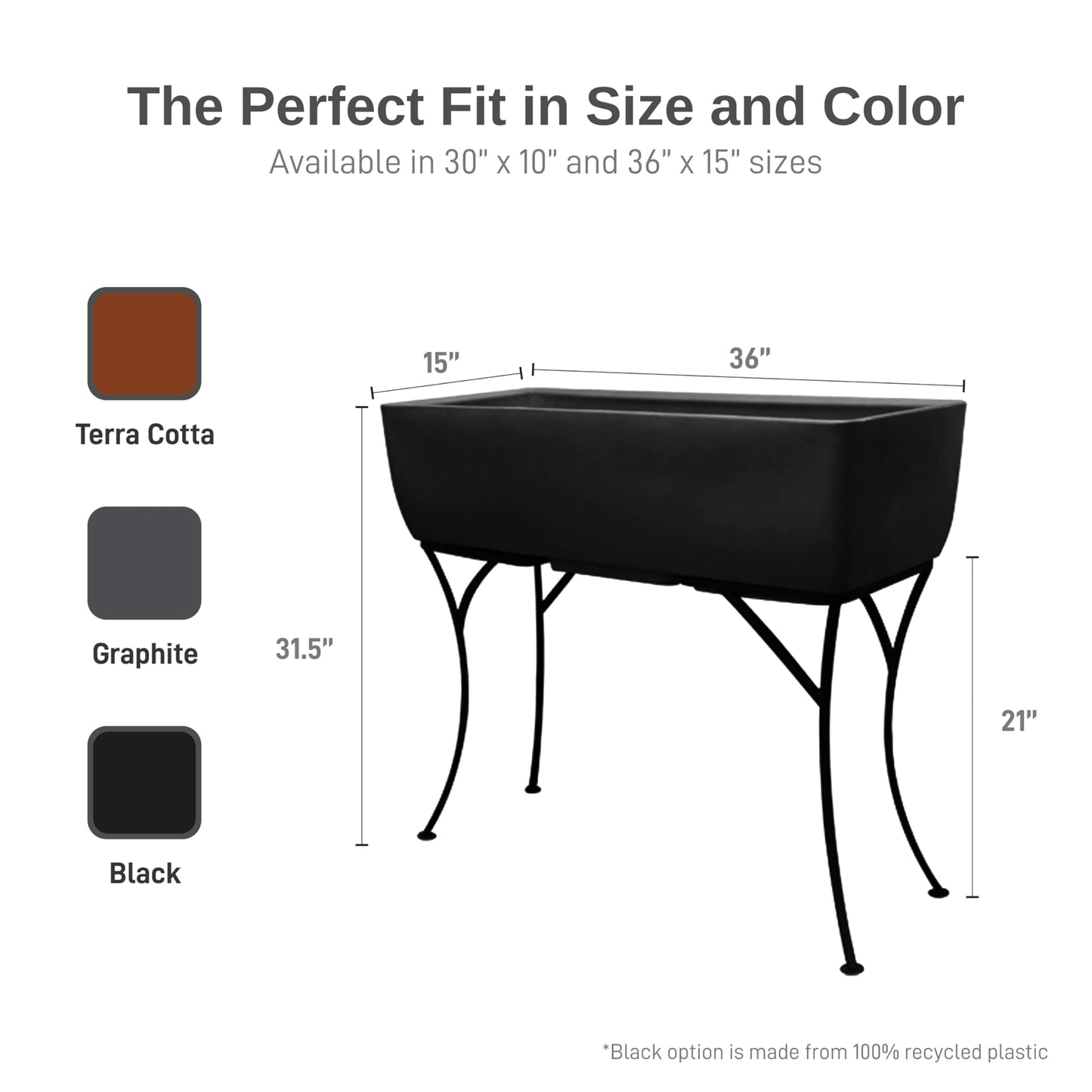 RTS Home Accents 36" x 15" Rectangular Garden Planter with Wrought Iron Stand for Indoor or Outdoor Gardening, Black - Durable, Stylish, and Weather-Resistant Planter for Modern Garden Spaces